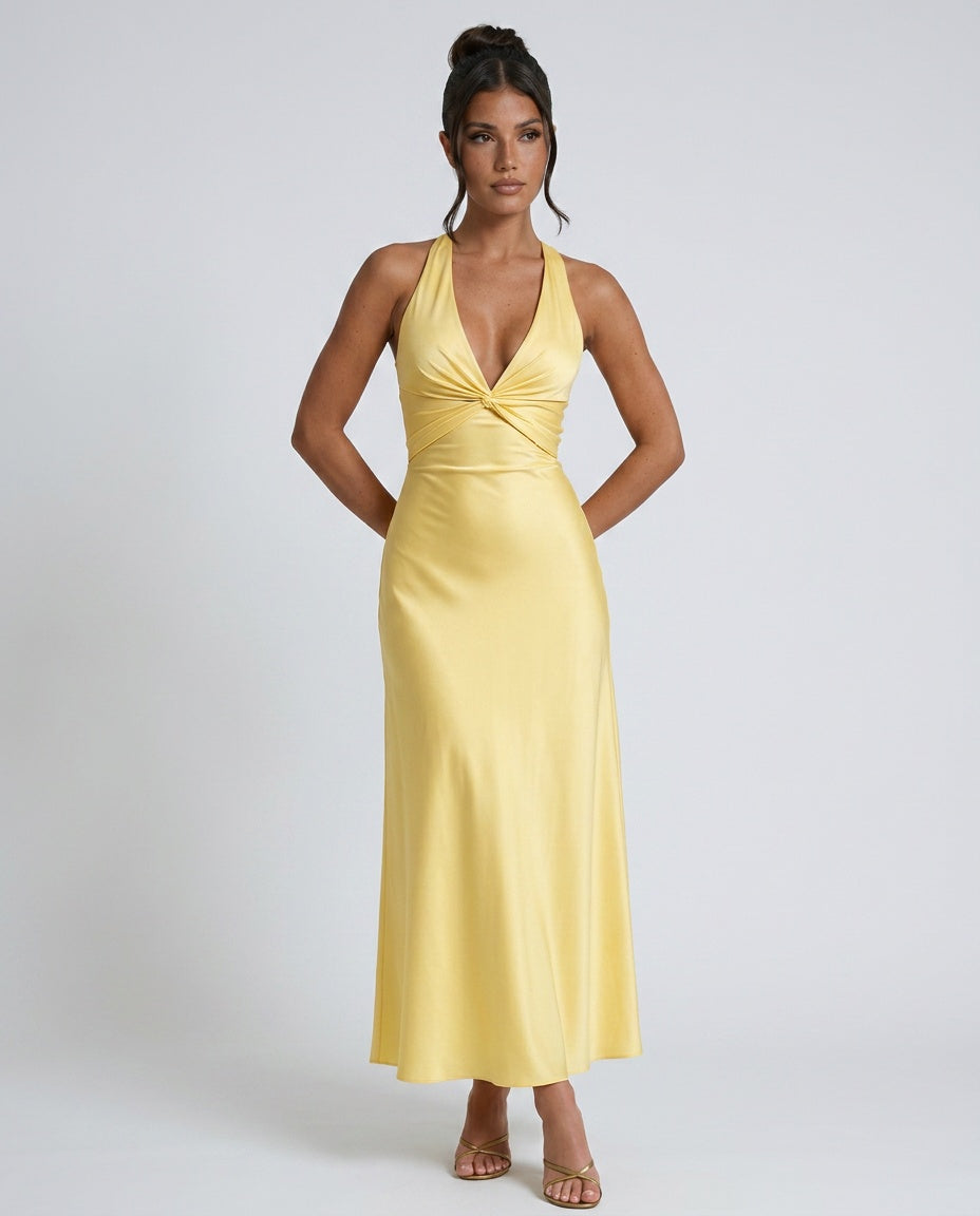 Elegant Satin-Look Dress With Halter Neckline Open Back Evening