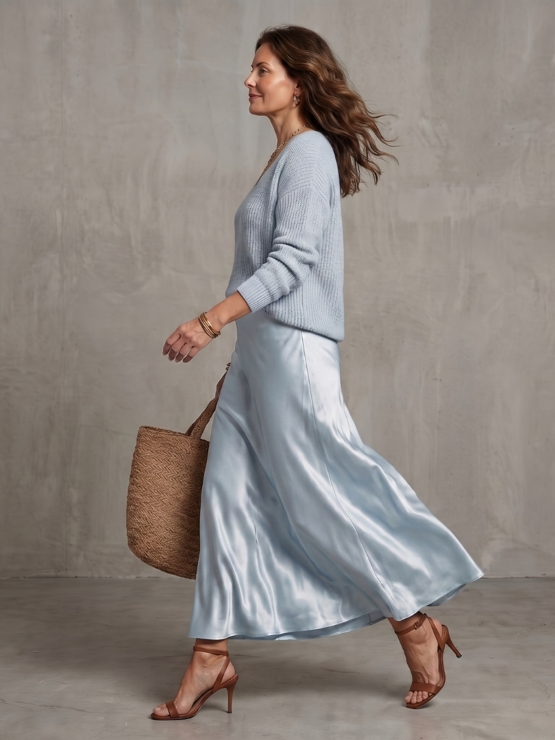 Women's Satin-Look Long Sleeve Dress Layered Evening