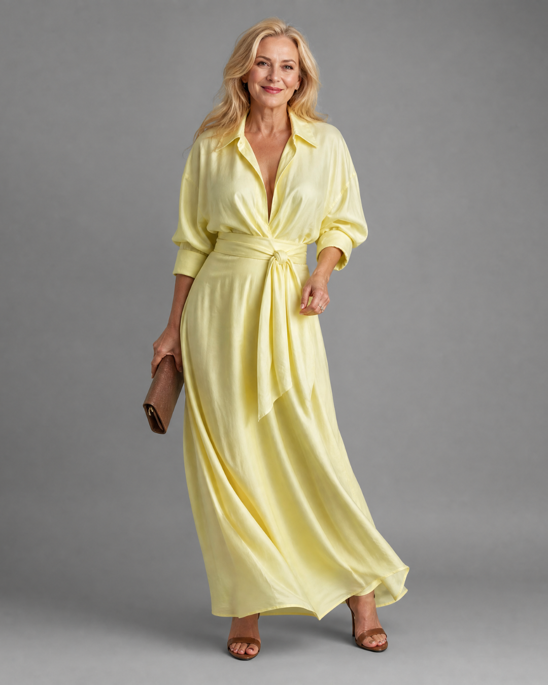 Lace Finish Dress With Collared Neckline Belted Evening