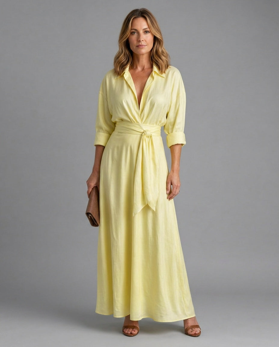 Lace Finish Dress With Collared Neckline Belted Evening