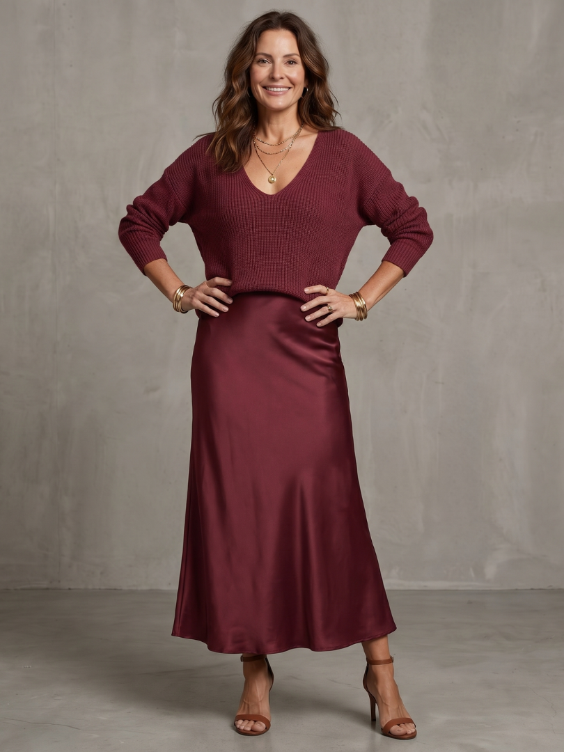 Women's Satin-Look Long Sleeve Dress Layered Evening