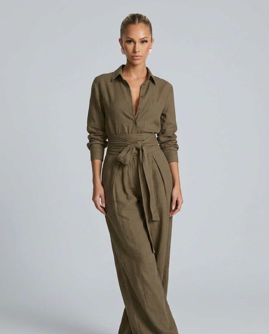 Lace Shirt With Shirt Collar Neckline Belted Occasion Wear