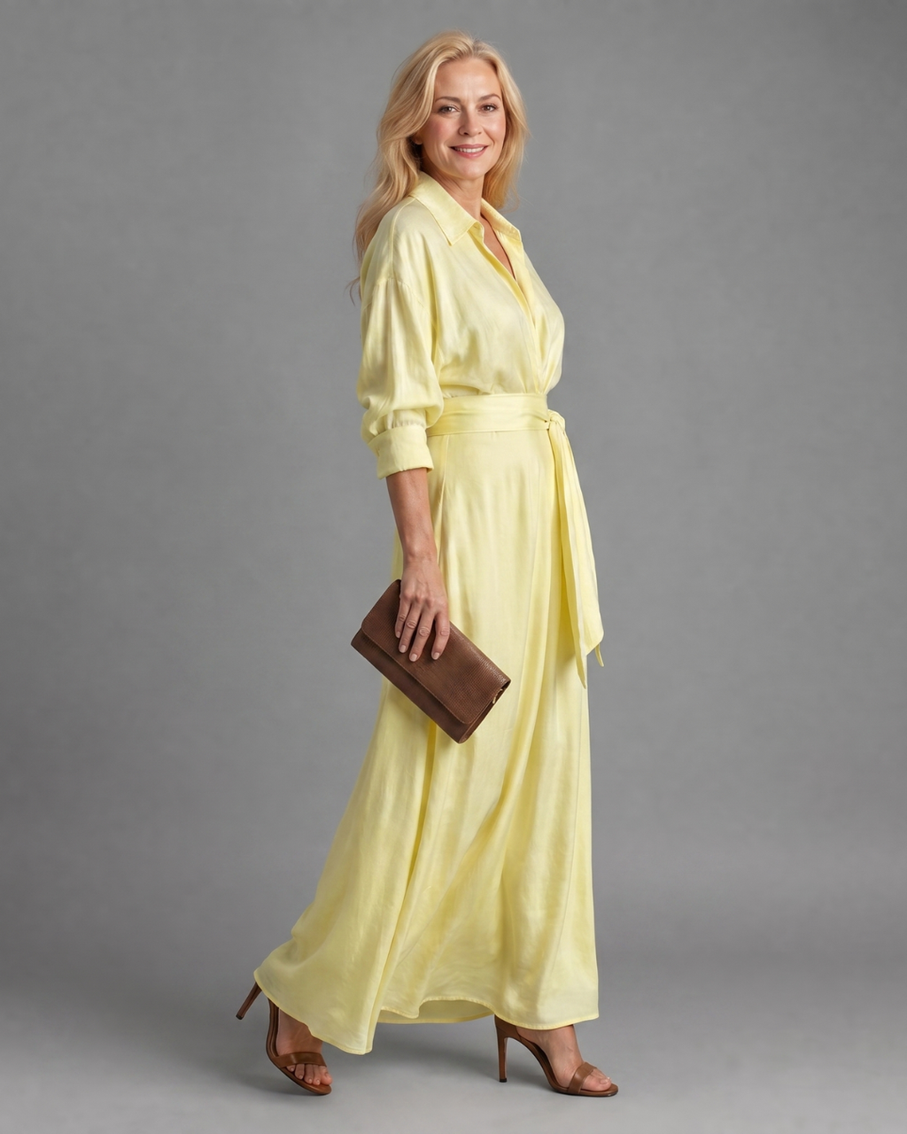 Lace Finish Dress With Collared Neckline Belted Evening