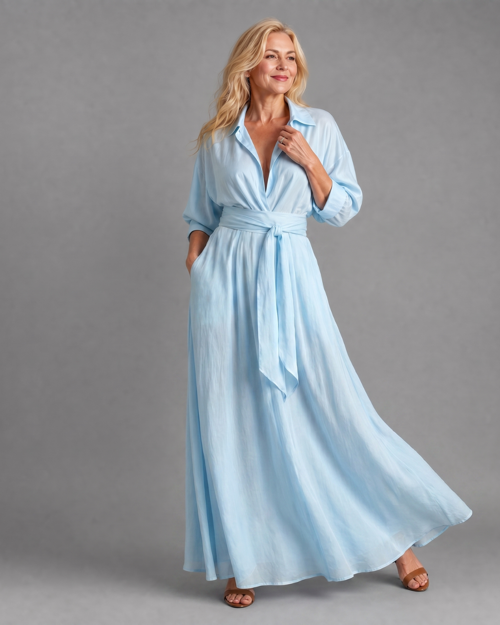 Lace Finish Dress With Collared Neckline Belted Evening