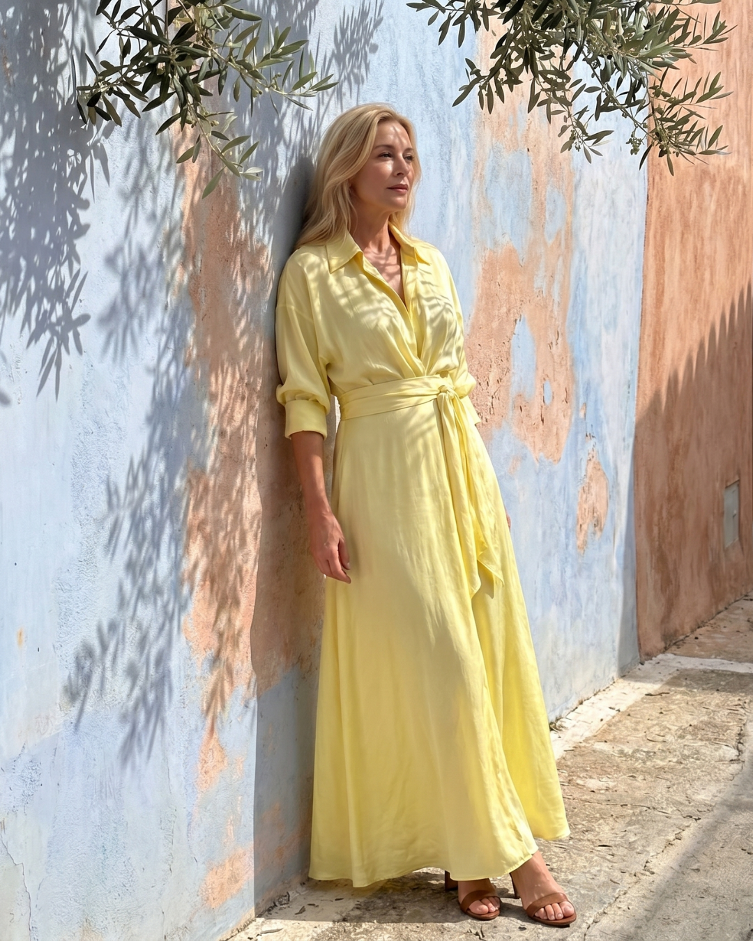 Lace Finish Dress With Collared Neckline Belted Evening