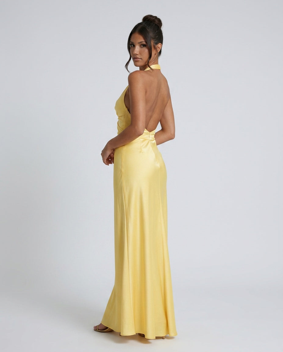 Elegant Satin-Look Dress With Halter Neckline Open Back Evening