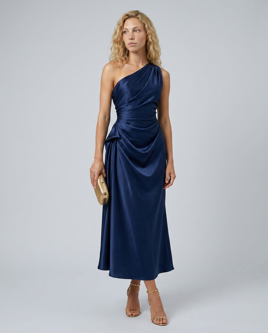Satin-Look Finish Dress With One-Shoulder Neckline Evening