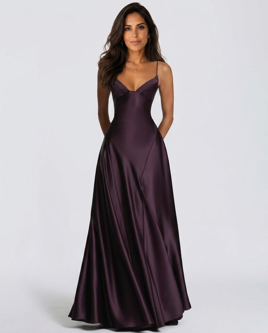 Satin-Look Finish Slip Dress With V-Neck Evening