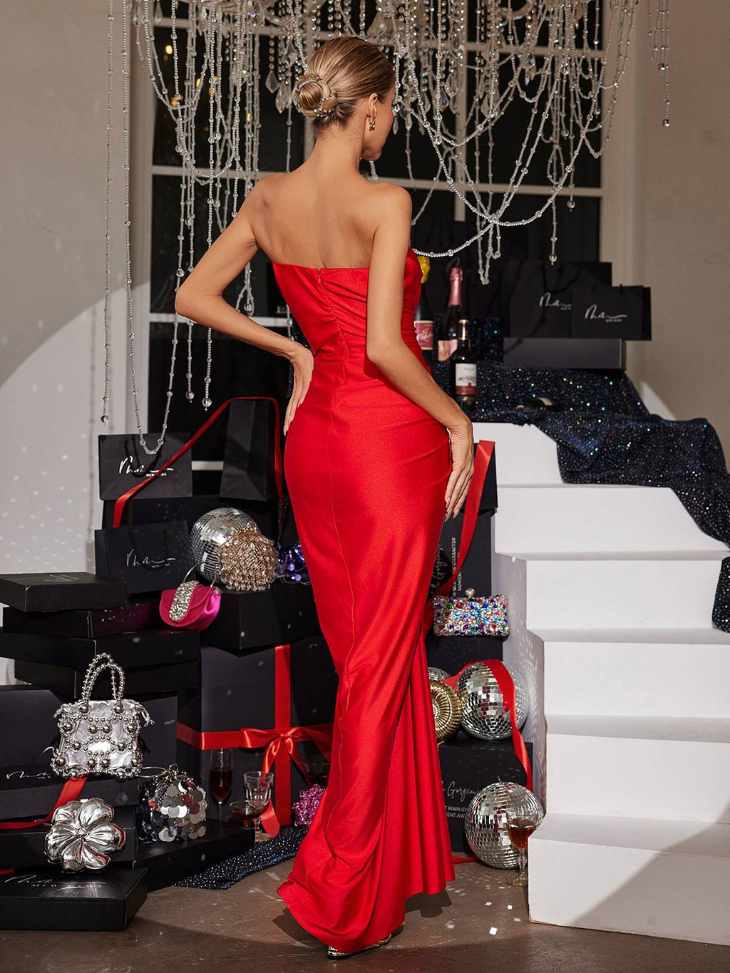 Satin-Look Finish Wrap With Strapless Neck Evening