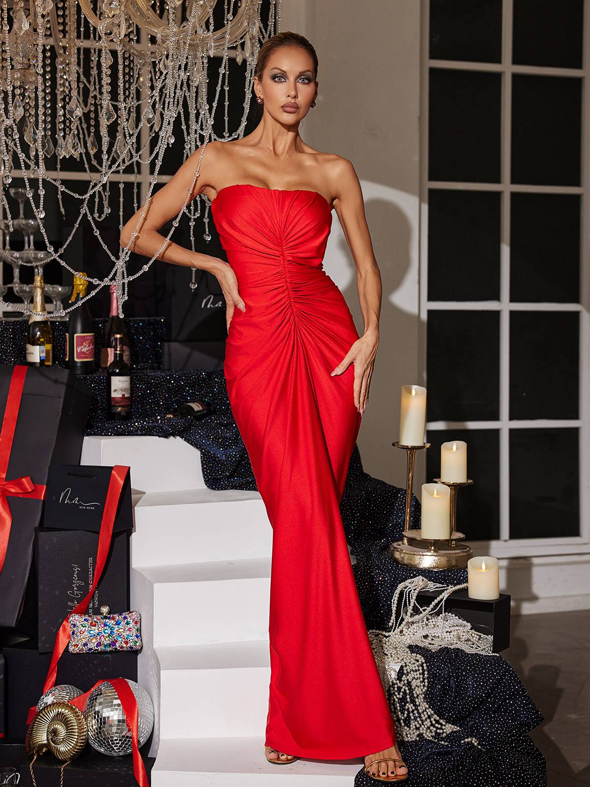 Satin-Look Finish Wrap With Strapless Neck Evening