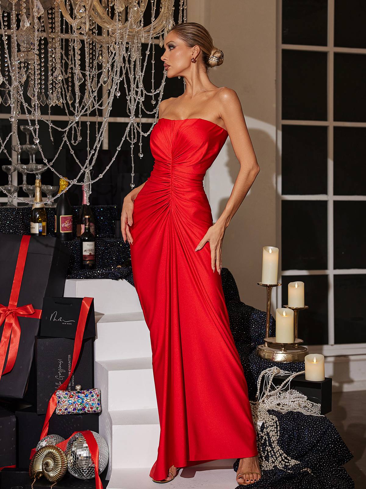 Satin-Look Finish Wrap With Strapless Neck Evening