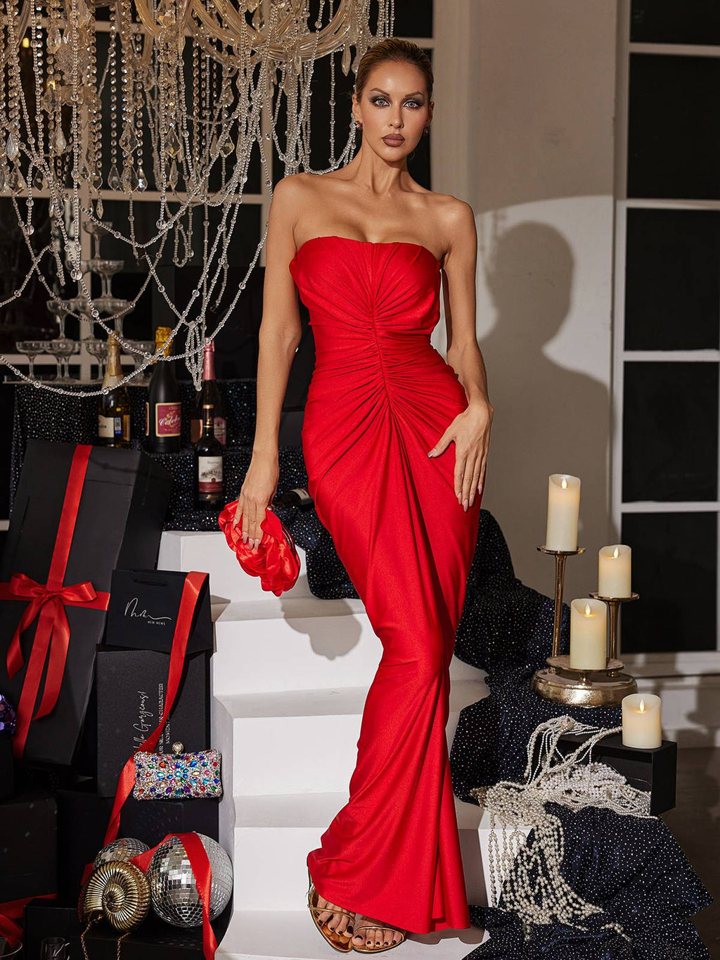Satin-Look Finish Wrap With Strapless Neck Evening