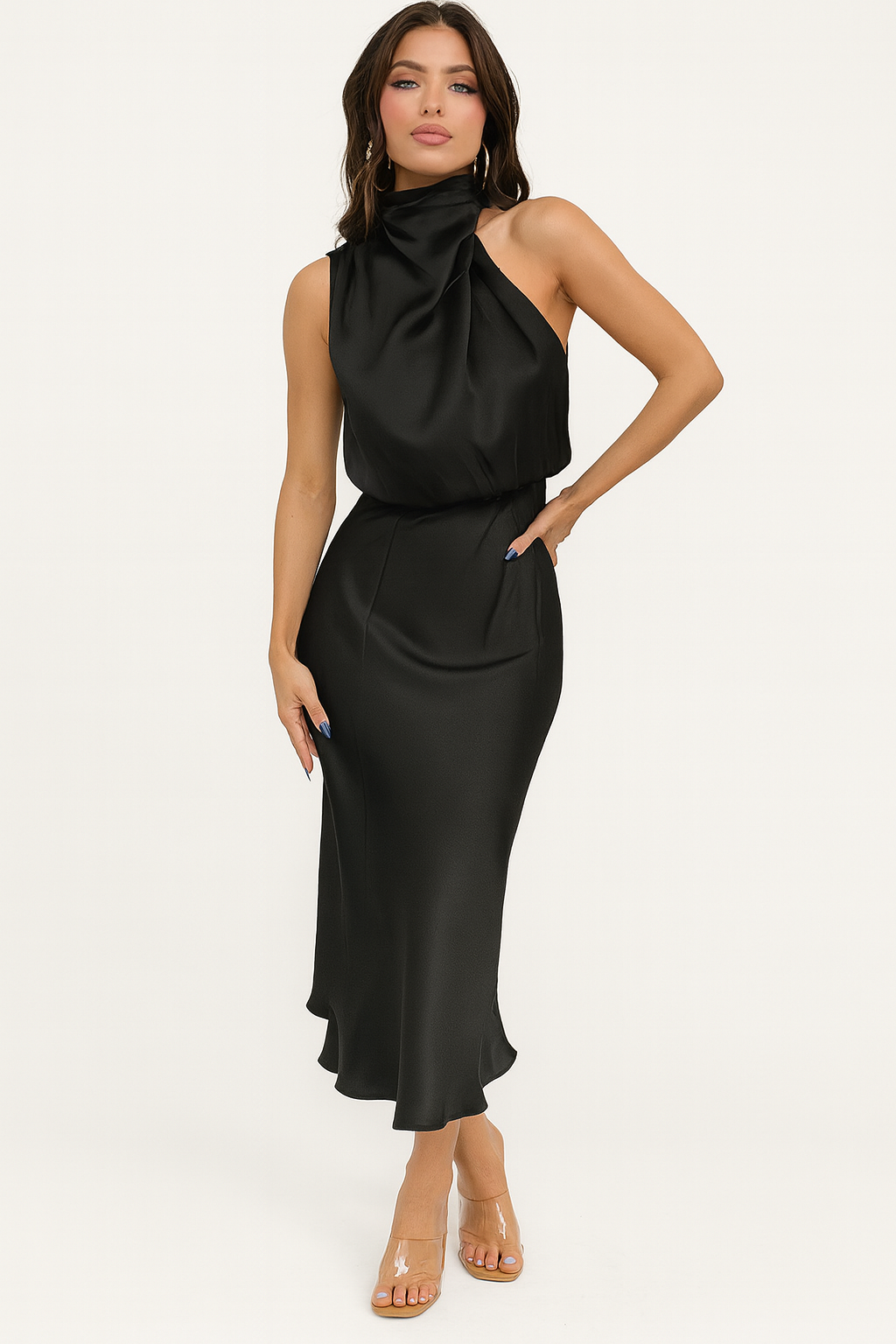 Silky Satin Dress With Off-Shoulder Neckline Evening