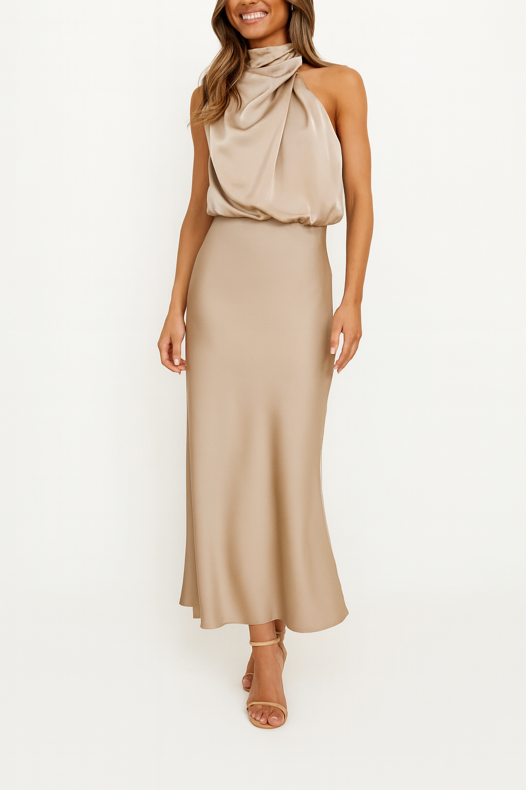 Silky Satin Dress With Off-Shoulder Neckline Evening