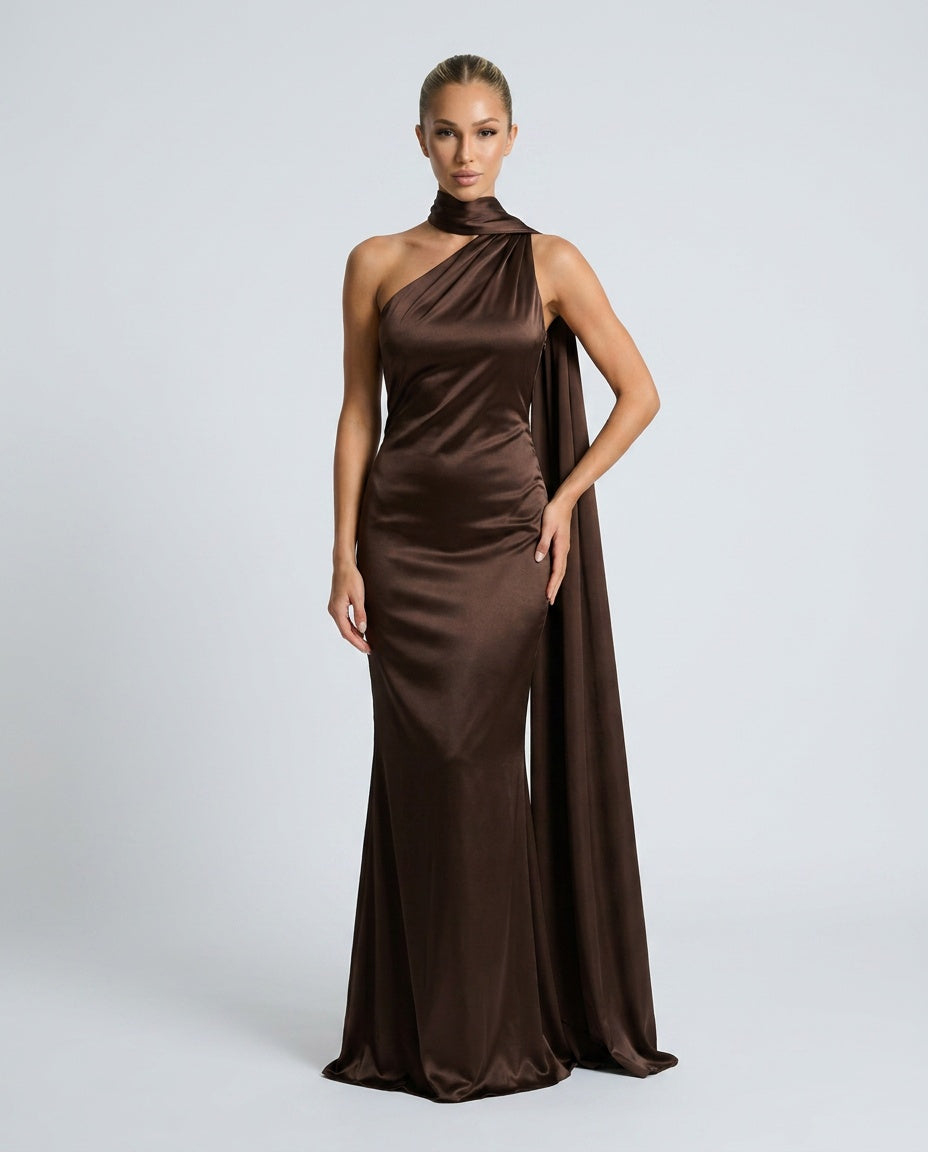 Elegant Satin-Look Dress With One-Shoulder Neckline Asymmetric Hem Evening