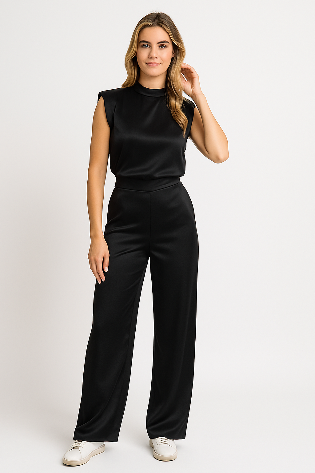 Silky Satin-Look Sleeveless Blazer Open Back Evening
