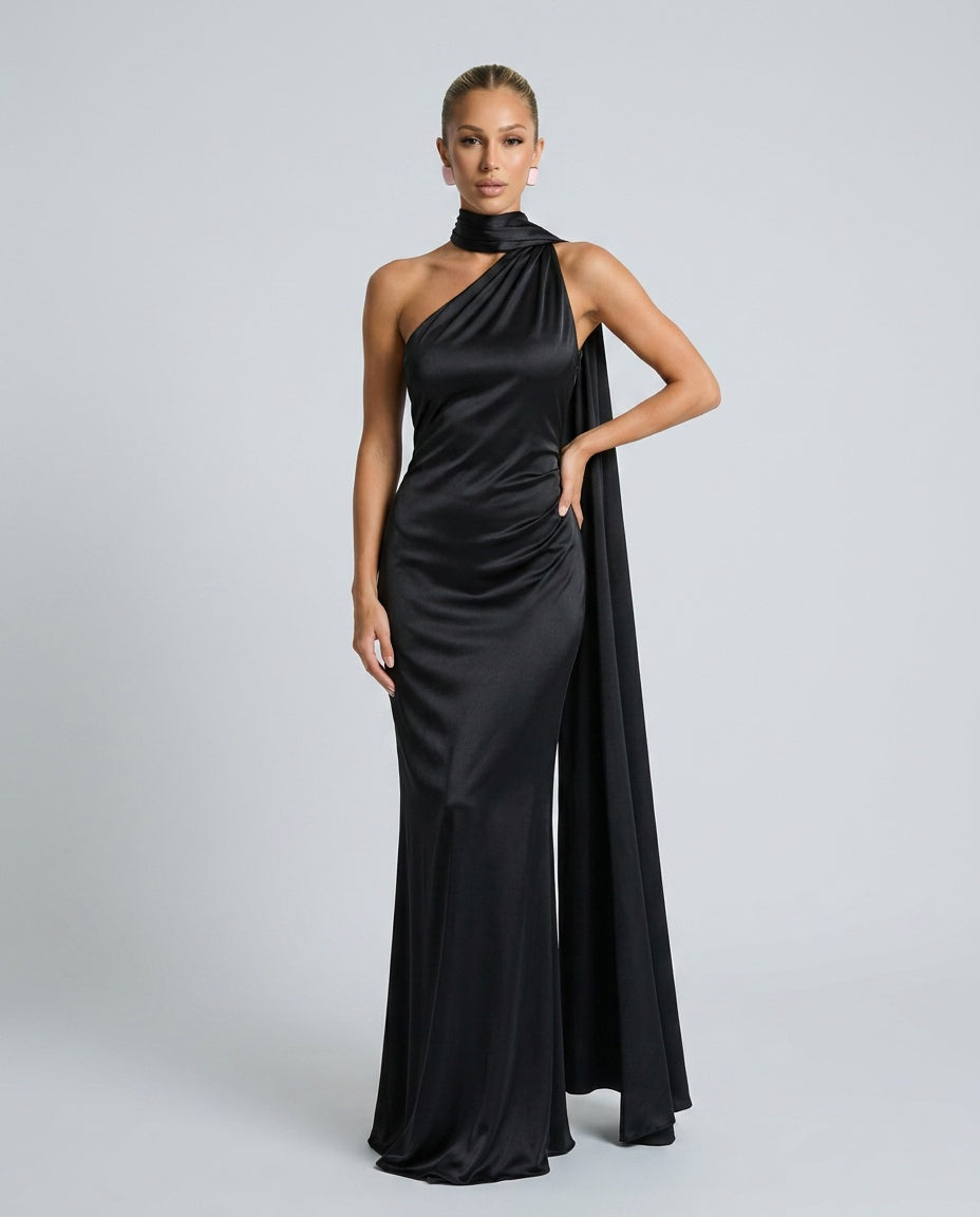 Elegant Satin-Look Dress With One-Shoulder Neckline Asymmetric Hem Evening
