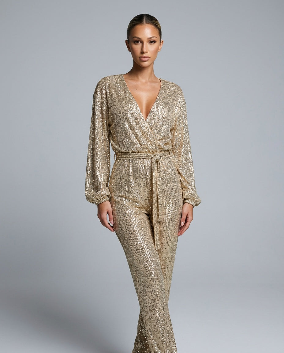 Elegant Sequin Dress With V-Neck Belted Evening