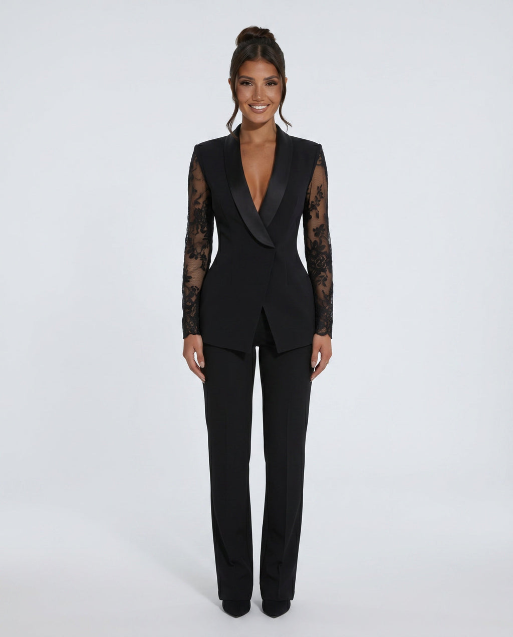 Lace Finish Long Sleeve Blazer Belted Cocktail