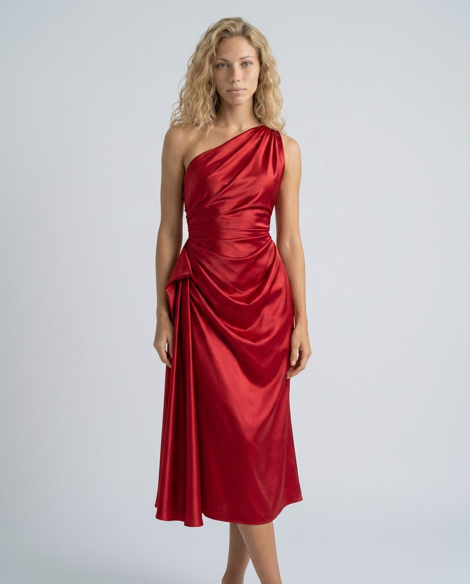 Satin-Look Finish Dress With One-Shoulder Neckline Evening