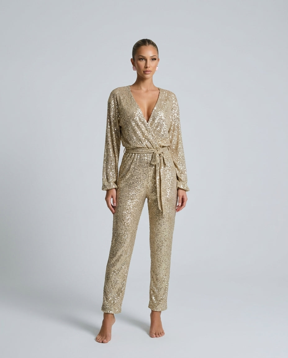 Elegant Sequin Dress With V-Neck Belted Evening