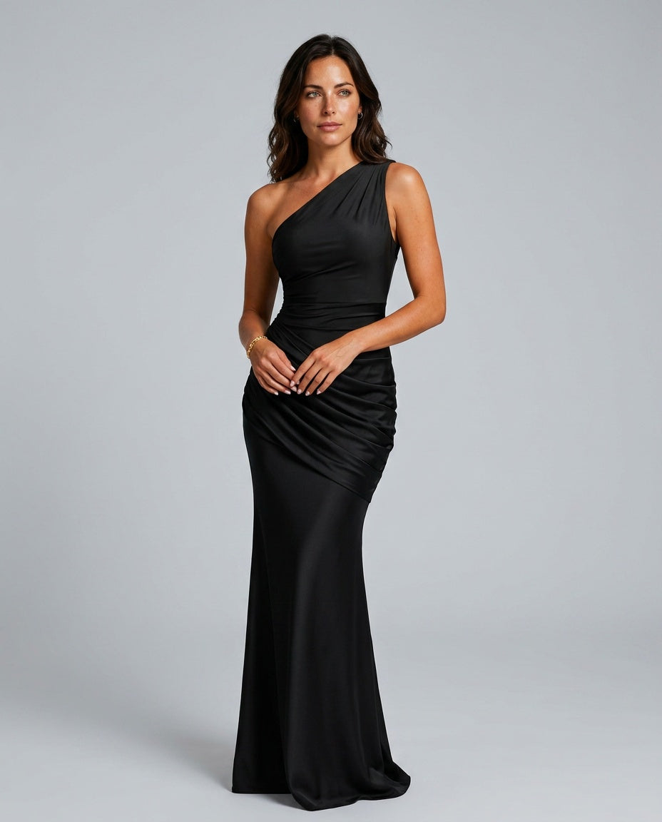 Silky Satin Dress With One Shoulder Neckline Evening