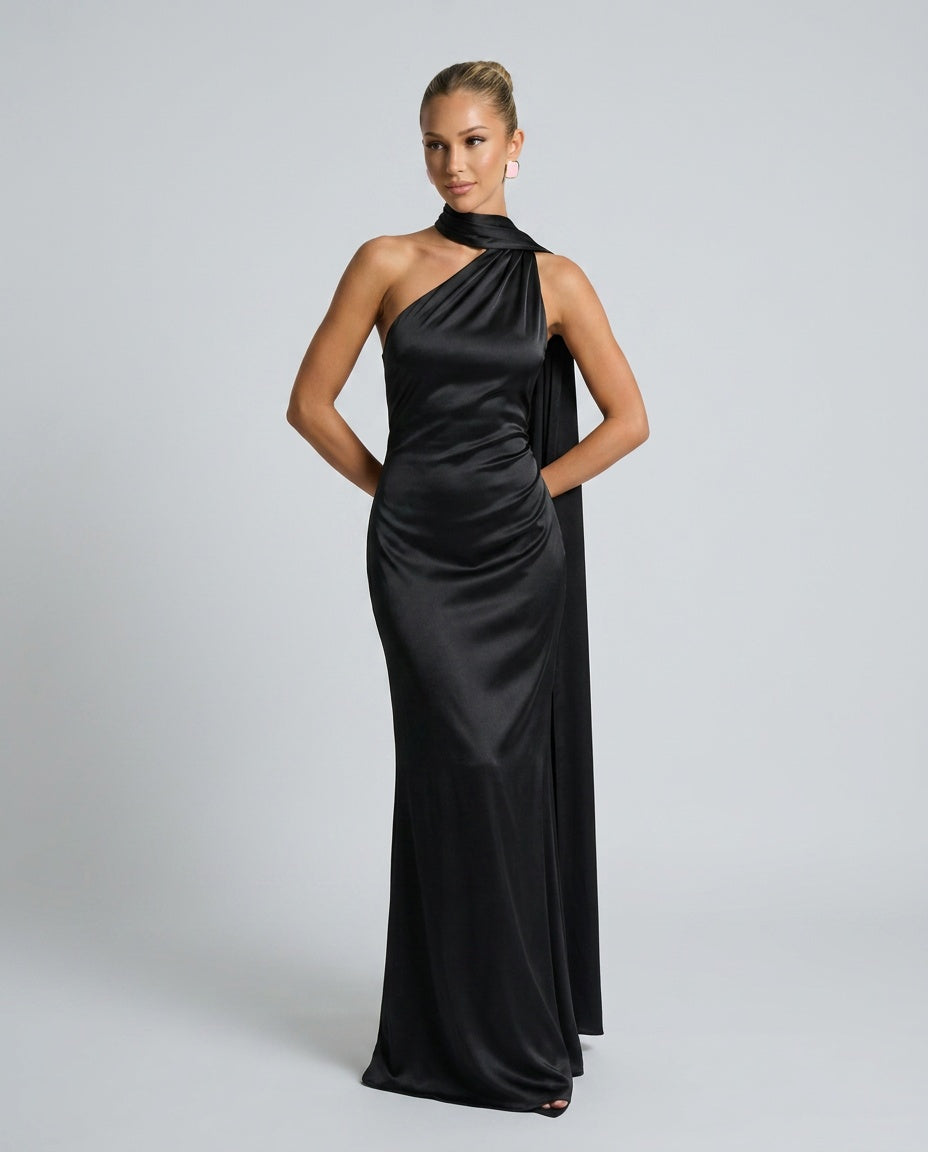 Elegant Satin-Look Dress With One-Shoulder Neckline Asymmetric Hem Evening