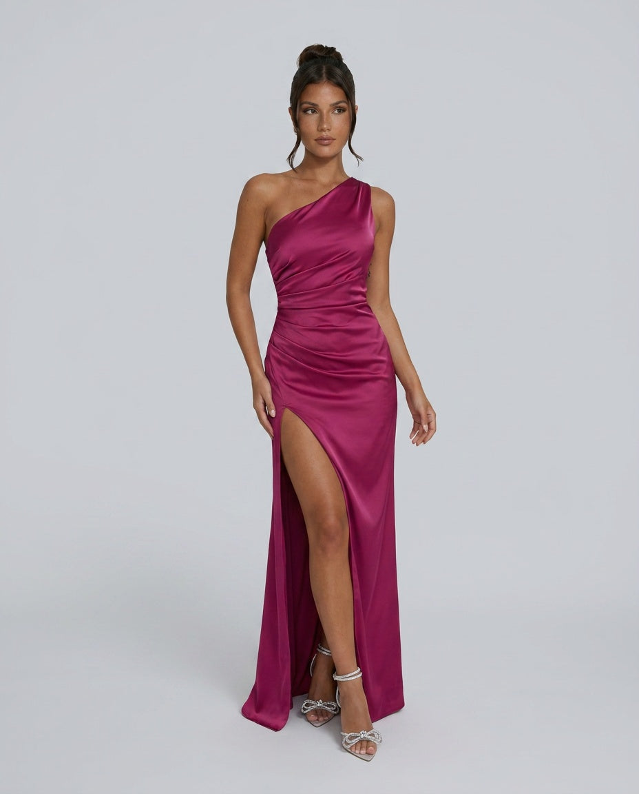 Silky Satin-Look Column With One-Shoulder Neckline Evening