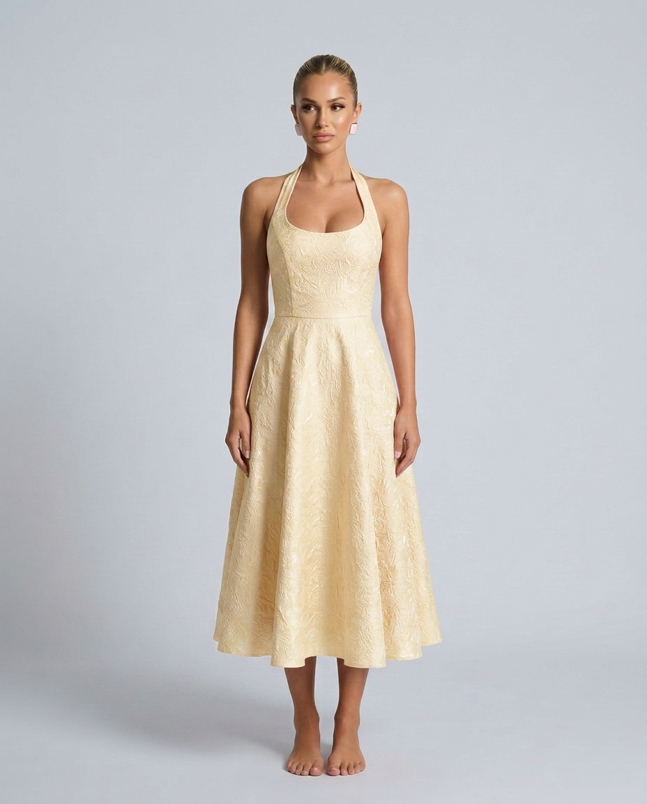 Silky Floral A-Line With Halter Neckline Corset-Style Evening