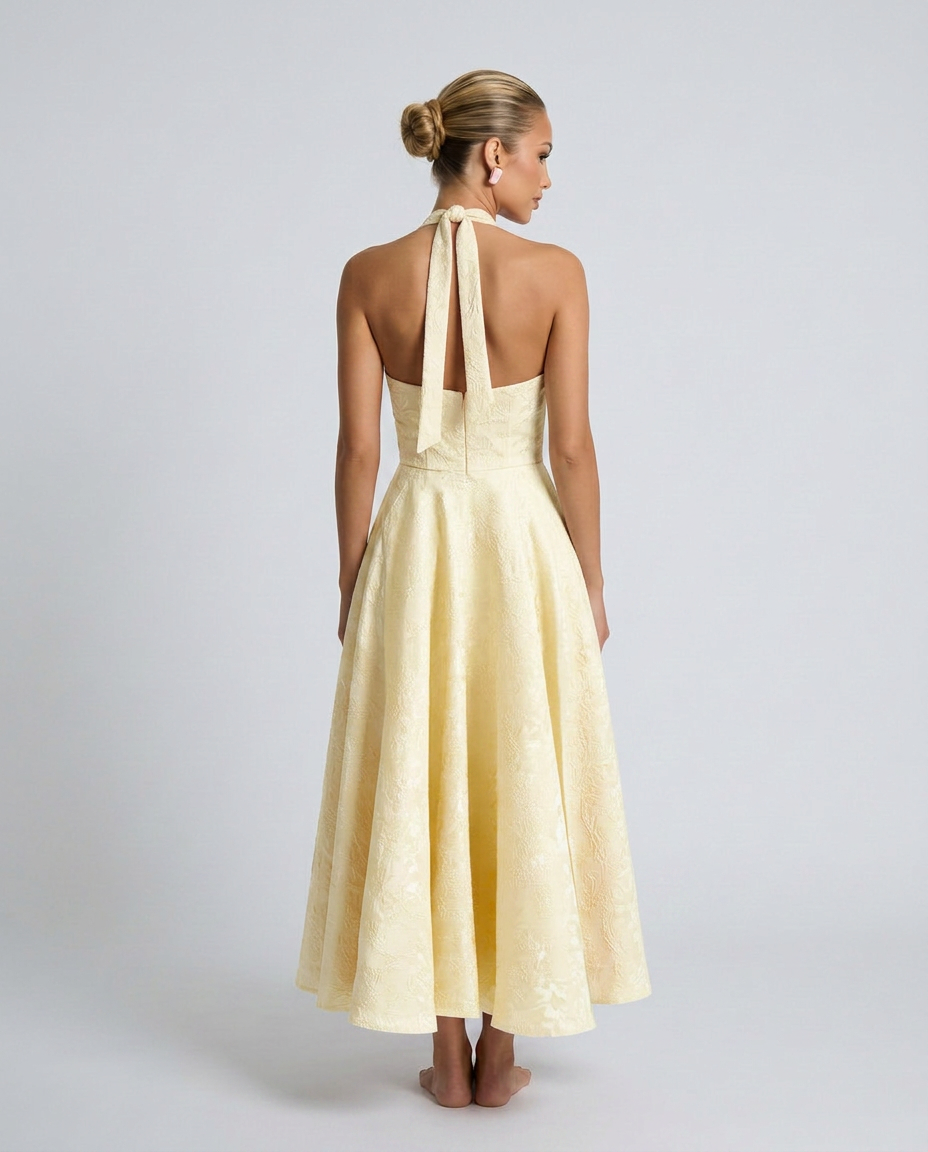 Silky Floral A-Line With Halter Neckline Corset-Style Evening