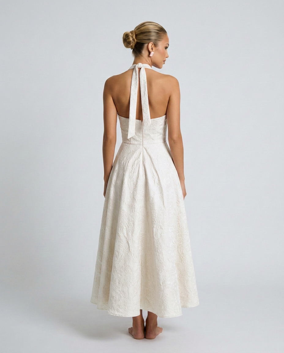 Silky Floral A-Line With Halter Neckline Corset-Style Evening