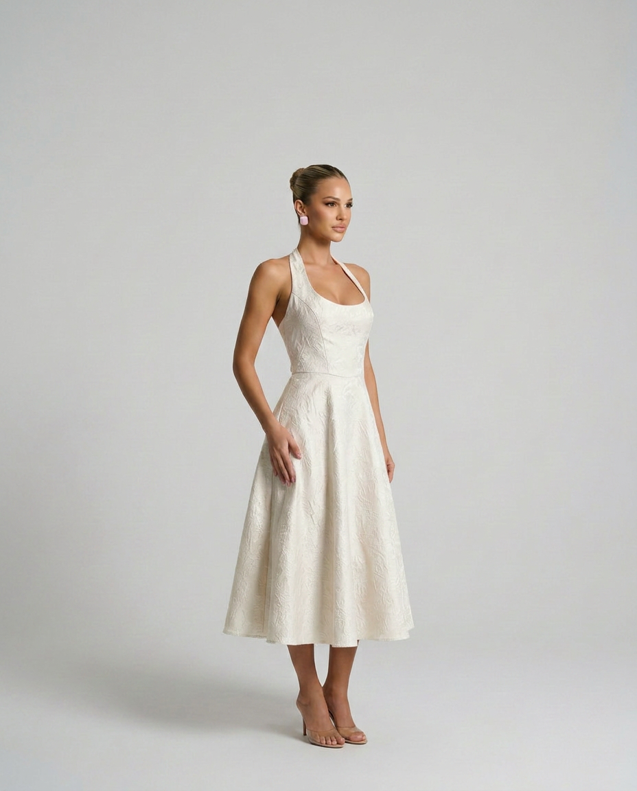 Silky Floral A-Line With Halter Neckline Corset-Style Evening