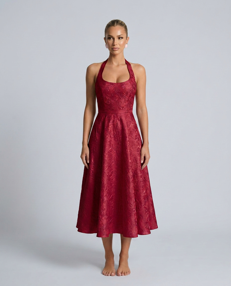 Silky Floral A-Line With Halter Neckline Corset-Style Evening