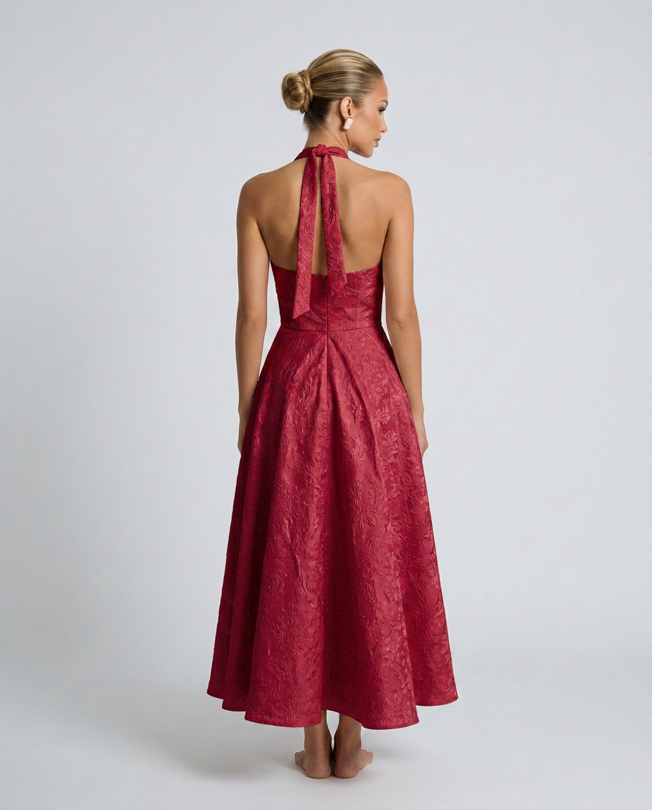 Silky Floral A-Line With Halter Neckline Corset-Style Evening