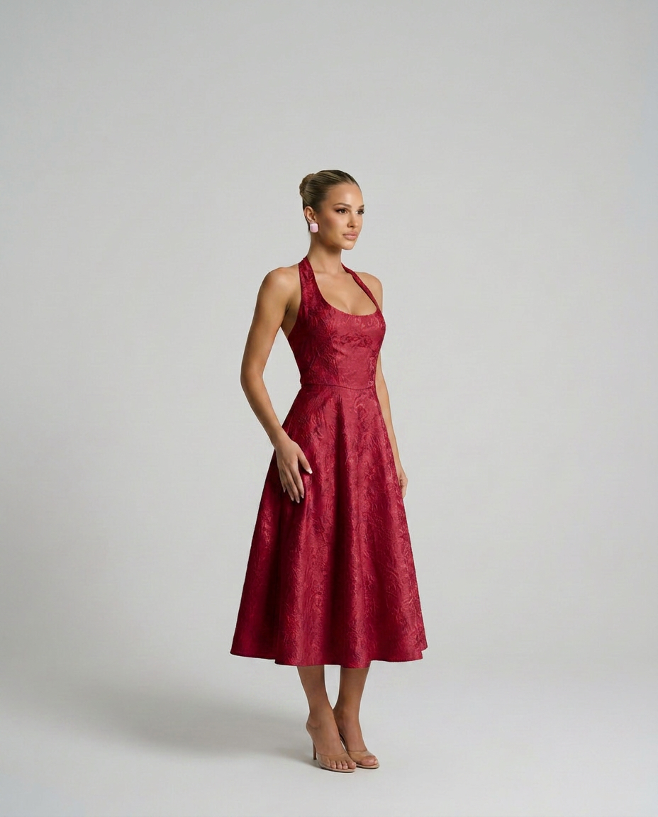 Silky Floral A-Line With Halter Neckline Corset-Style Evening