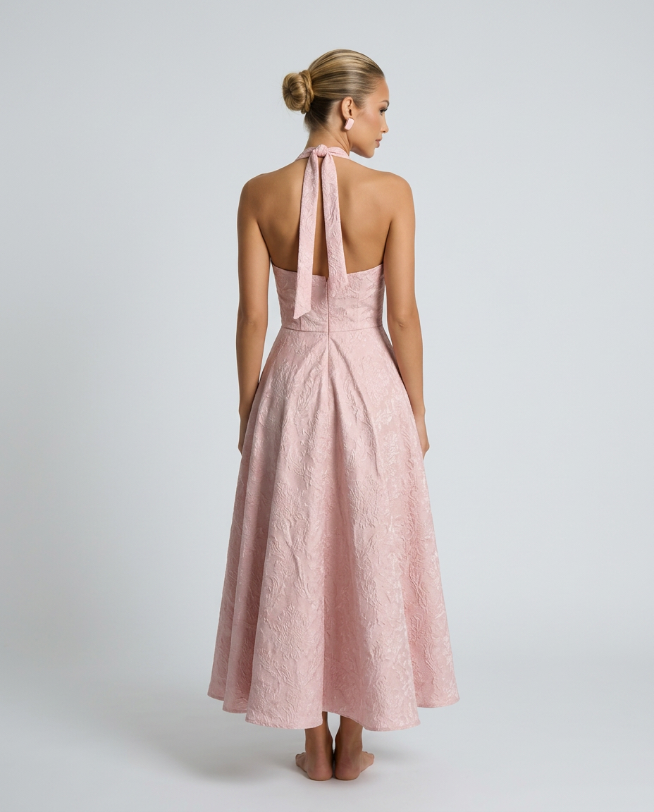 Silky Floral A-Line With Halter Neckline Corset-Style Evening