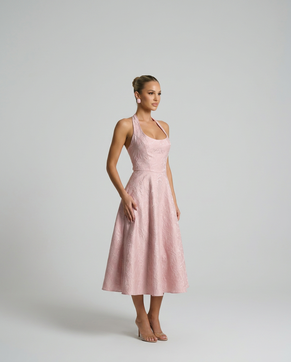 Silky Floral A-Line With Halter Neckline Corset-Style Evening