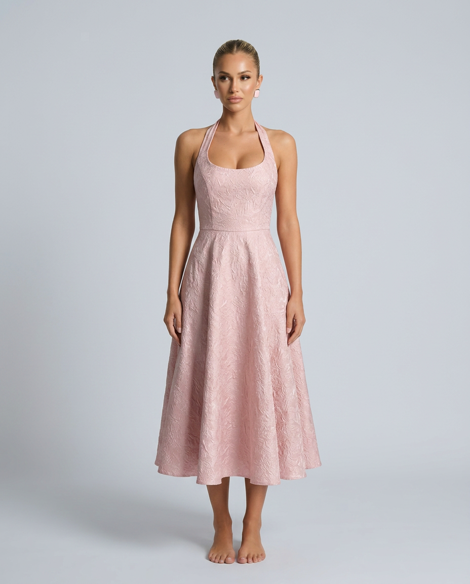 Silky Floral A-Line With Halter Neckline Corset-Style Evening