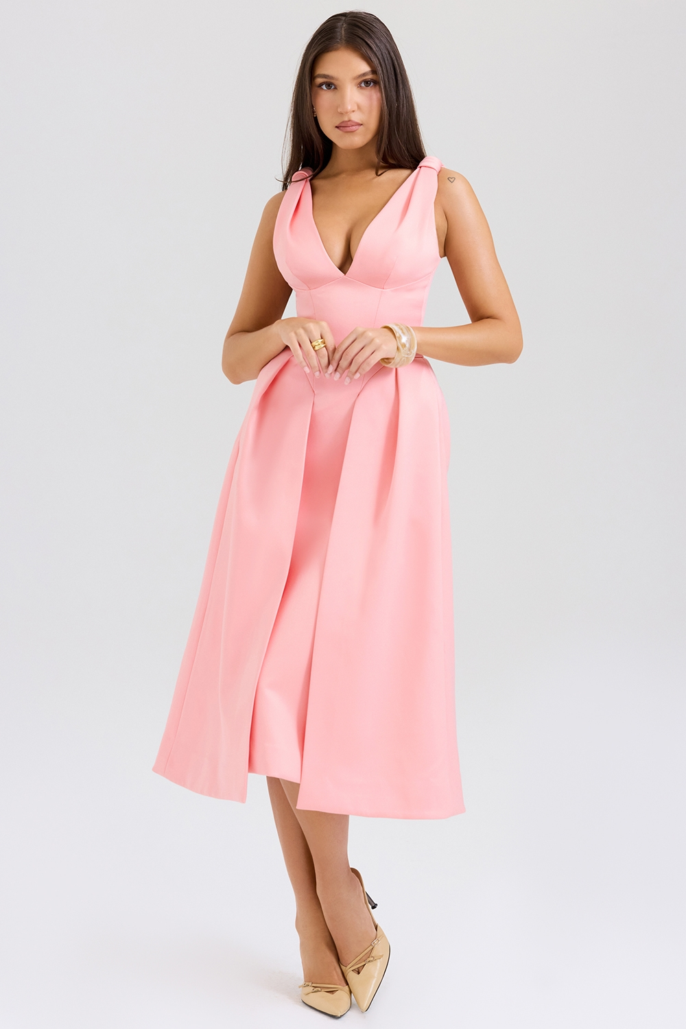 Satin-Look Finish Dress With V-Neck Corset-Style Evening