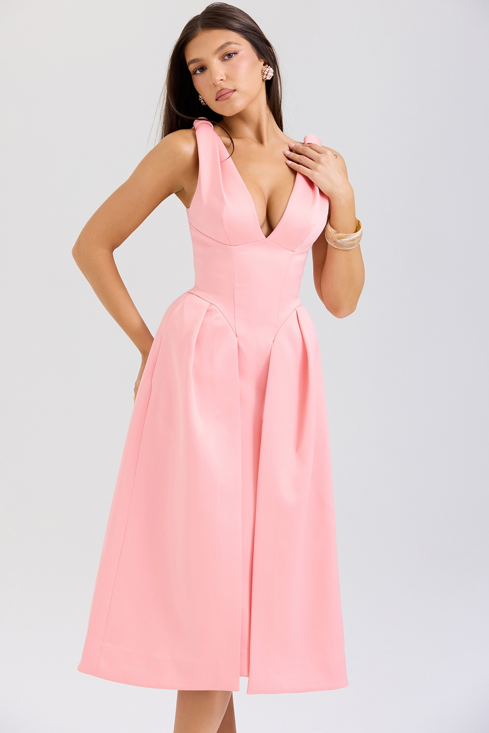 Satin-Look Finish Dress With V-Neck Corset-Style Evening