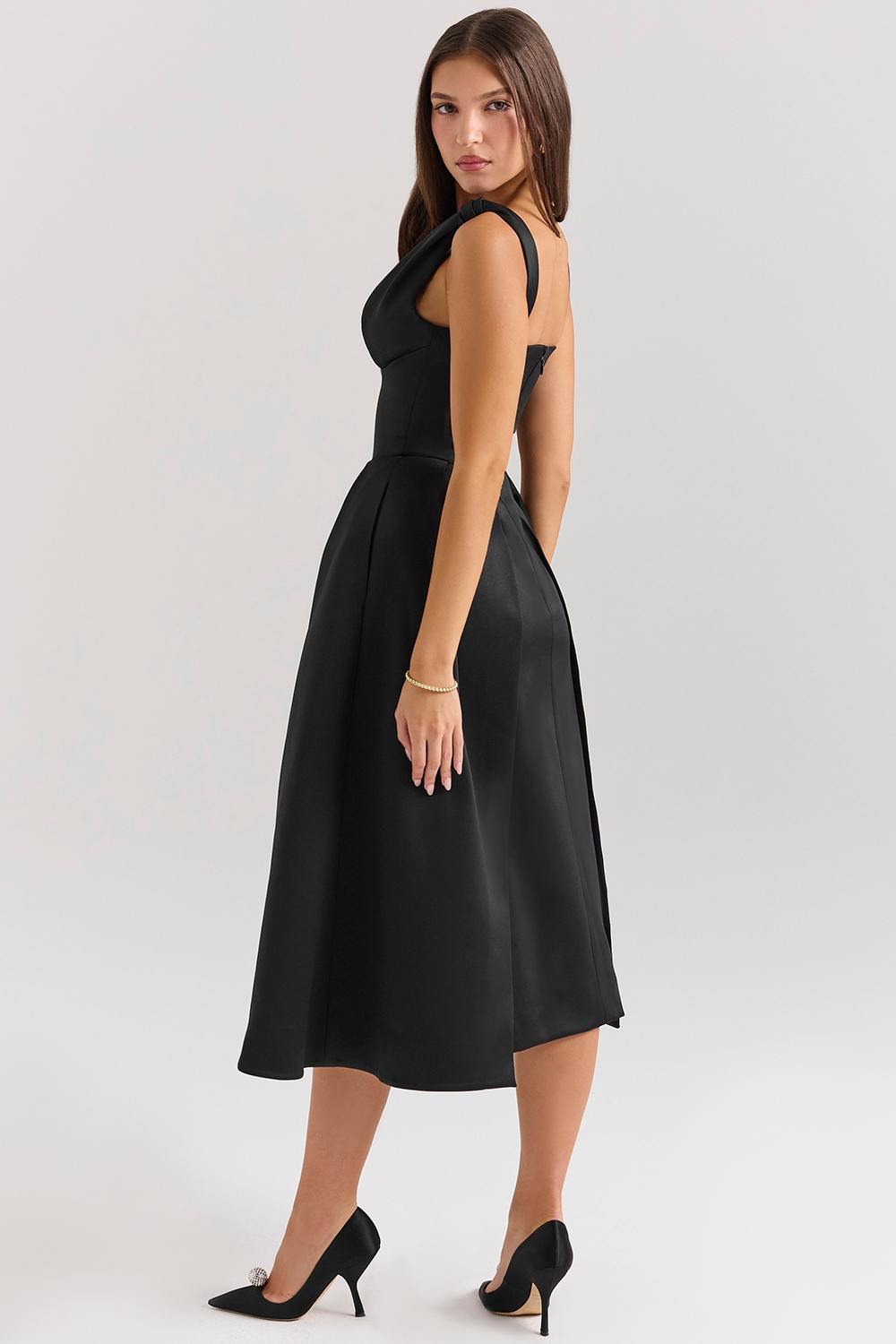 Satin-Look Finish Dress With V-Neck Corset-Style Evening