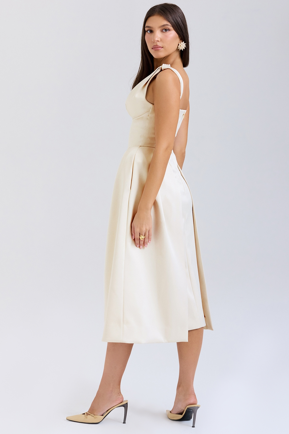 Satin-Look Finish Dress With V-Neck Corset-Style Evening