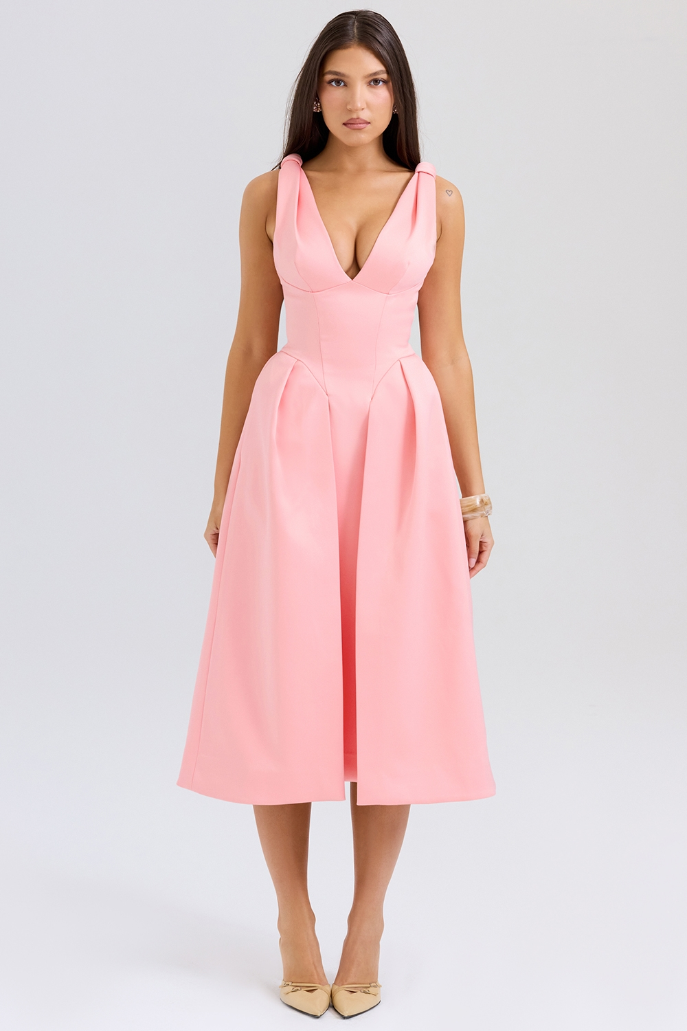 Satin-Look Finish Dress With V-Neck Corset-Style Evening