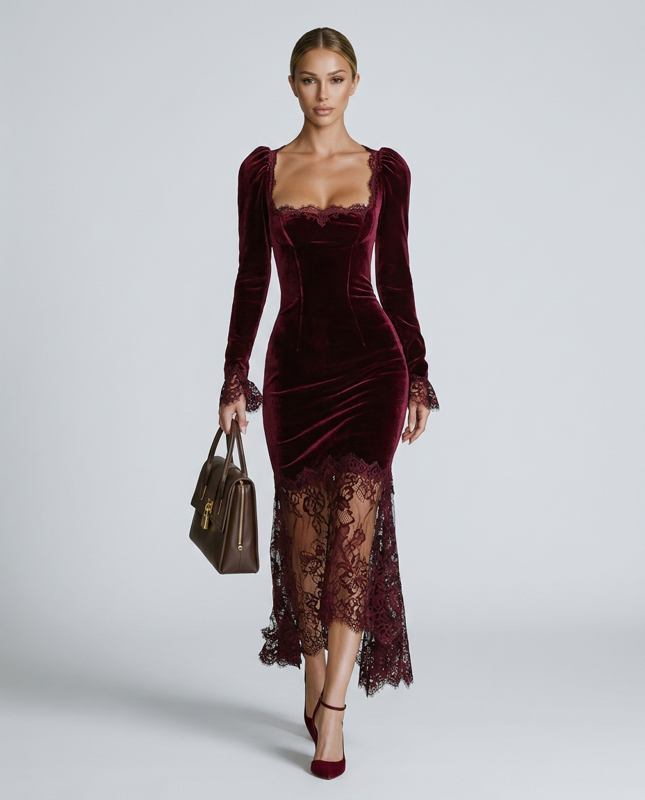 Silky Lace Dress With Square Neck Evening Weekend