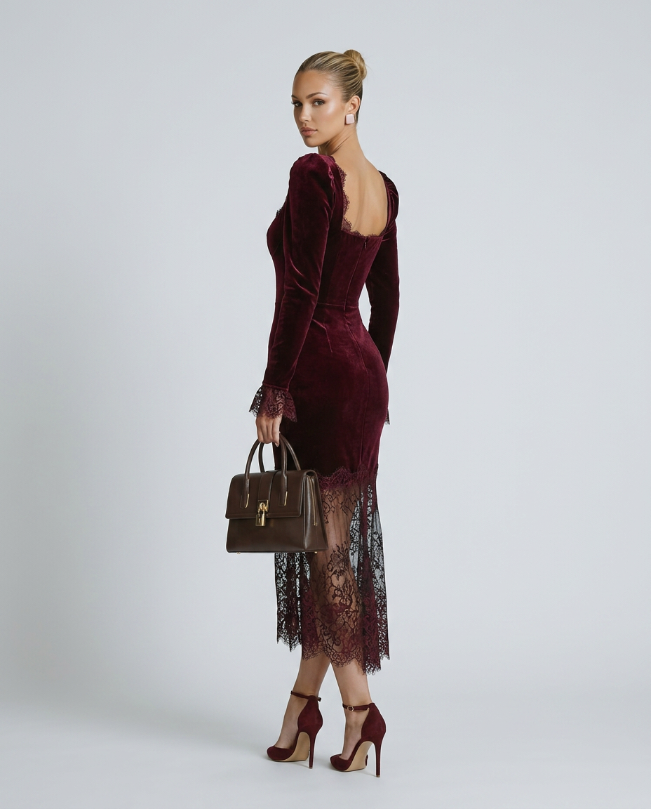 Silky Lace Dress With Square Neck Evening Weekend