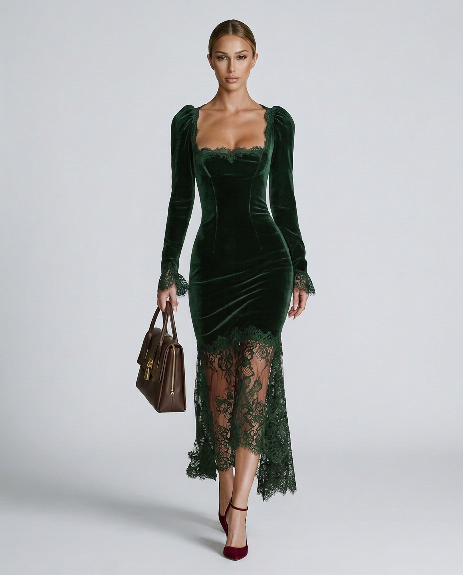 Silky Lace Dress With Square Neck Evening Weekend