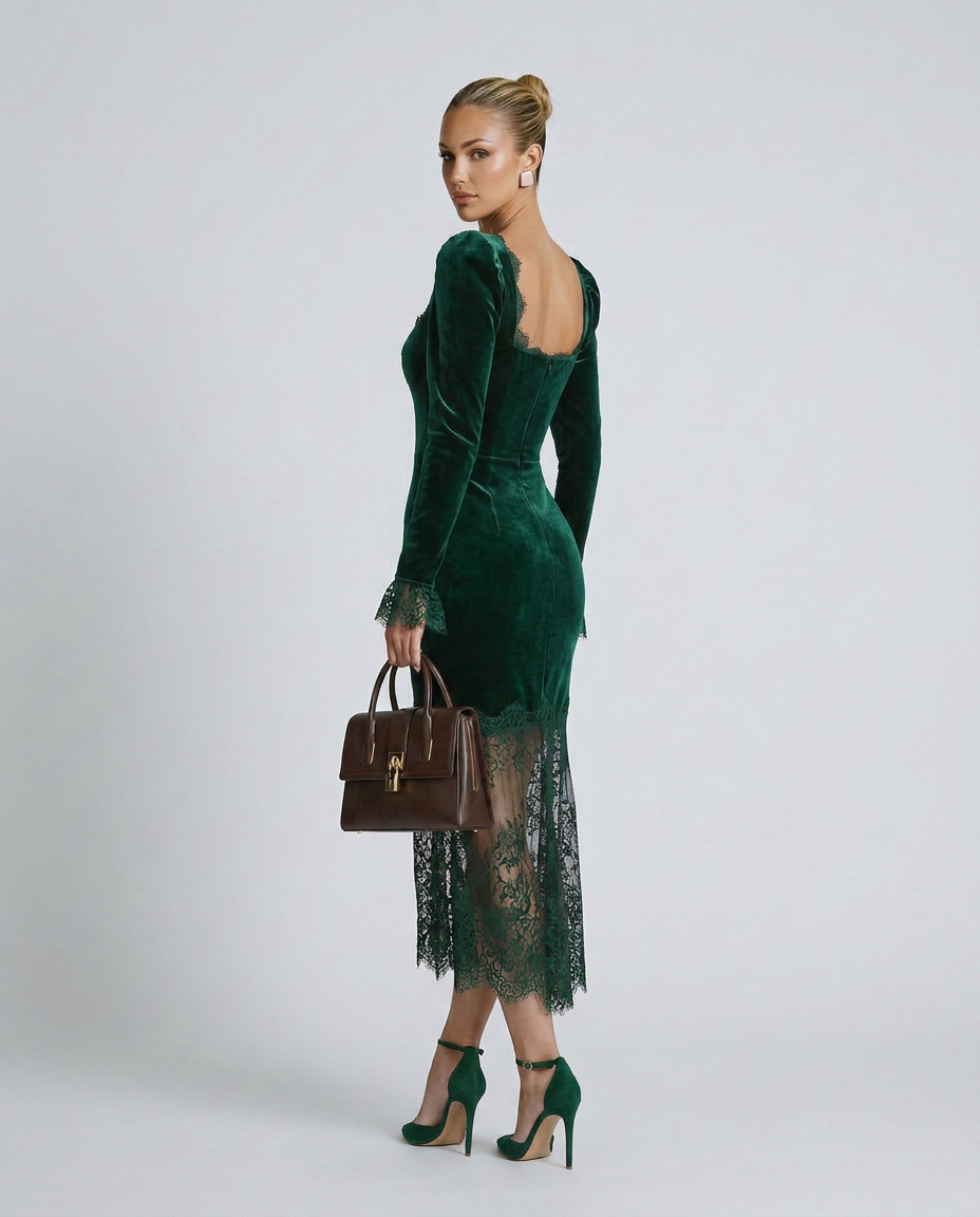 Silky Lace Dress With Square Neck Evening Weekend