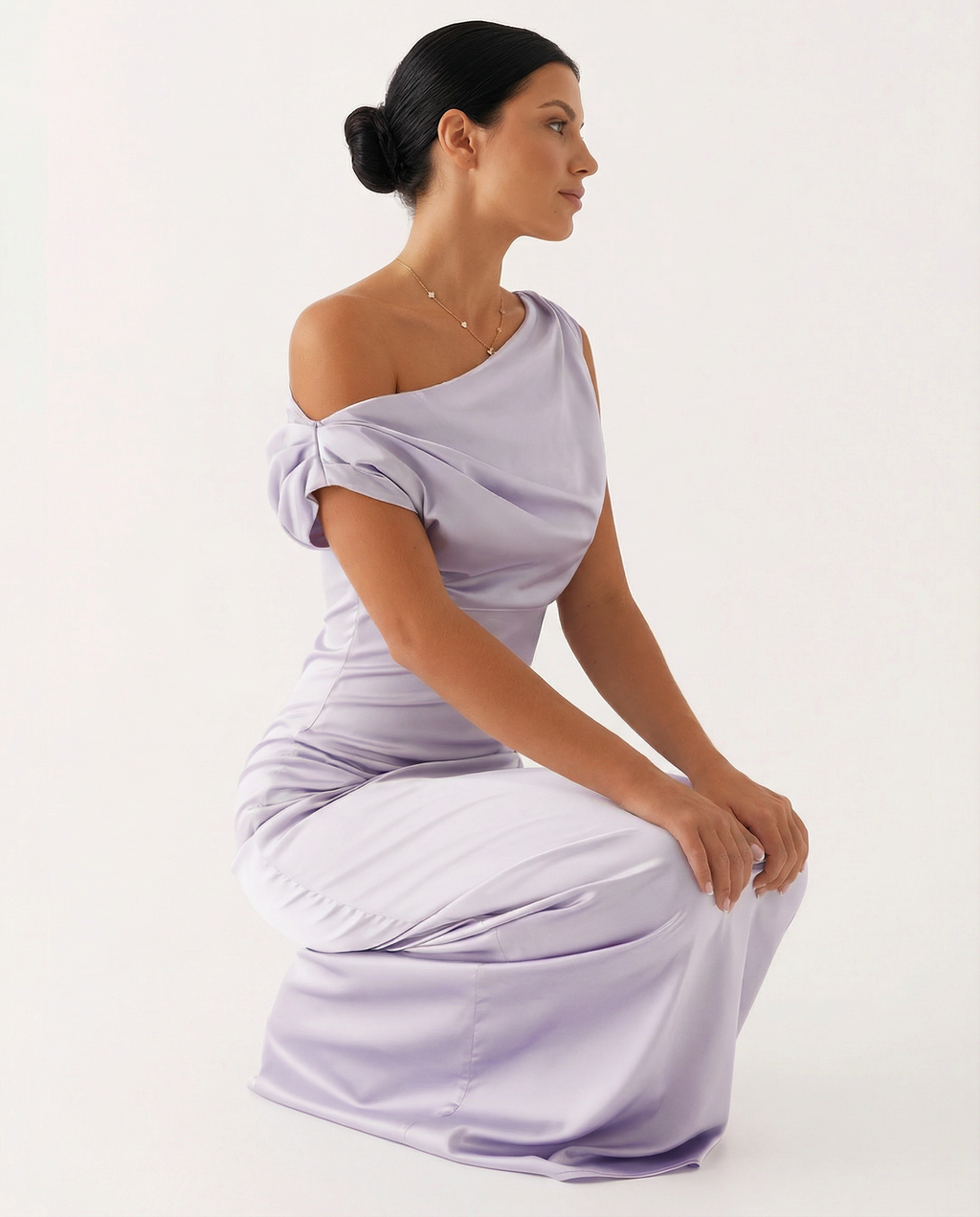 Satin Finish Dress With One-Shoulder Neckline Evening