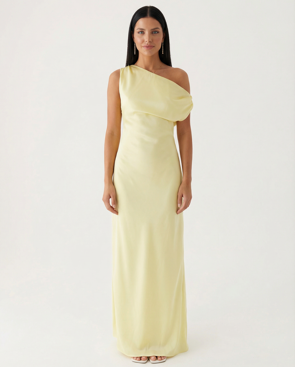 Satin Finish Dress With One-Shoulder Neckline Evening