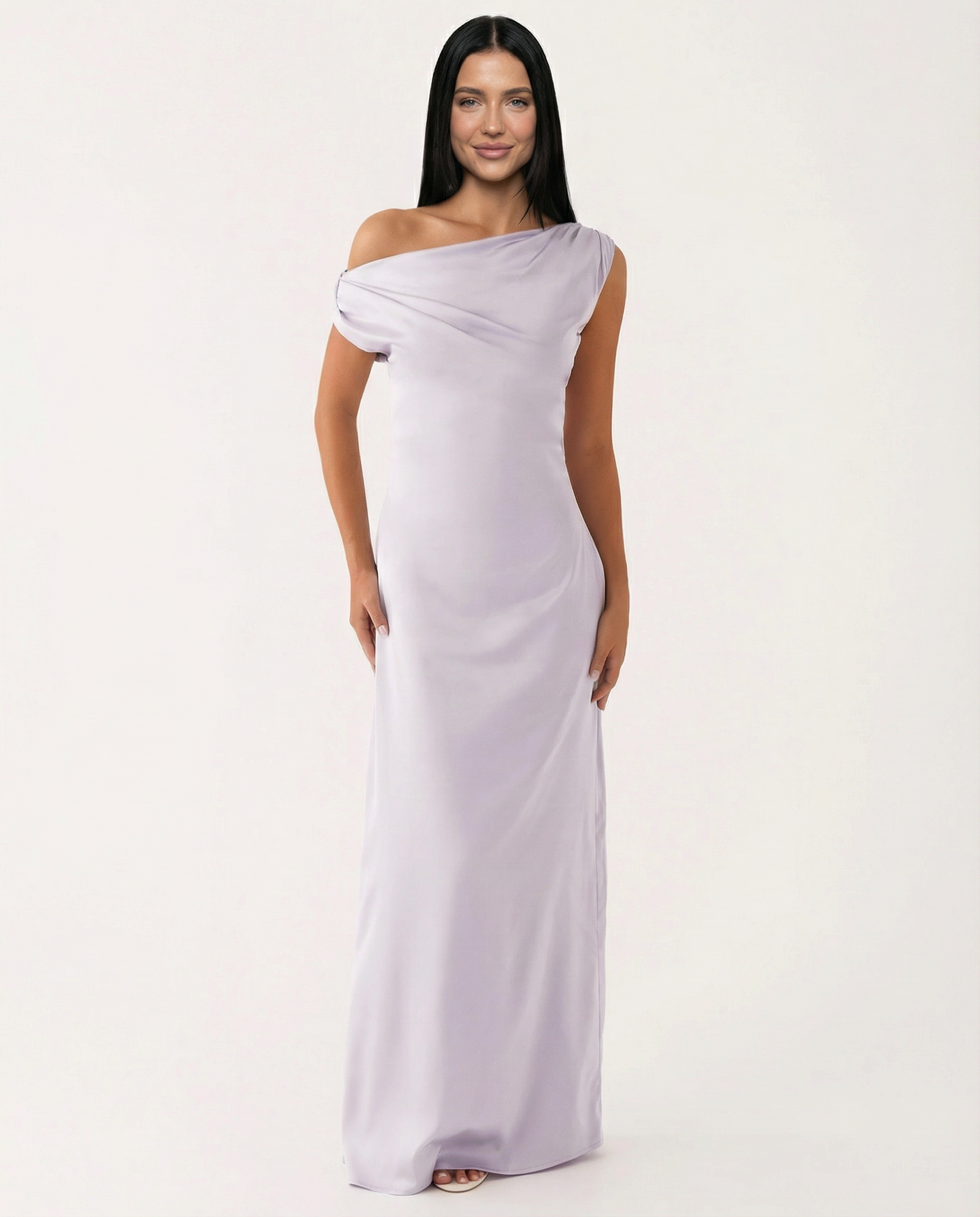 Satin Finish Dress With One-Shoulder Neckline Evening